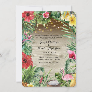 Aloha Tropical Wood Floral Leaves & Lights Wedding Invitation