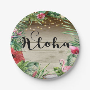 Aloha Tropical Wood Floral Leaves & Lights Wedding Paper Plate