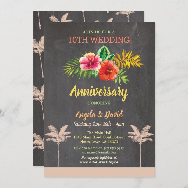 Aloha Wedding Anniversary Tropical Chalk Invite (Front/Back)