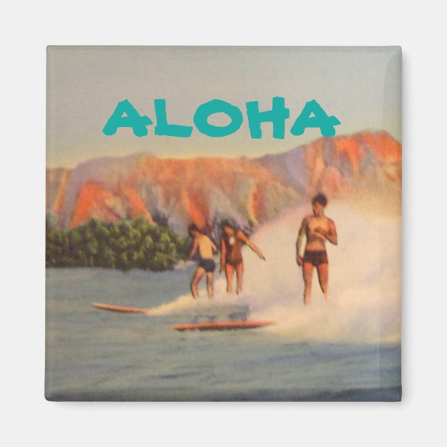 Aloha with vintage surfers in Hawaii Magnet (Front)