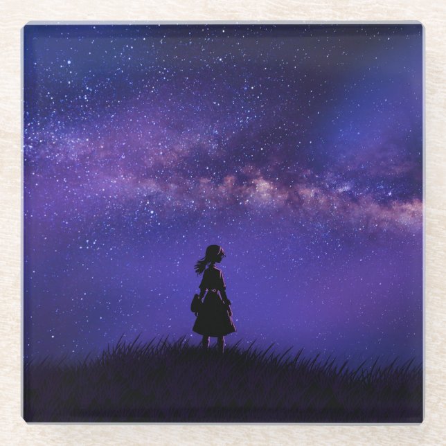 Alone and Starry Night  Glass Coaster (Front)