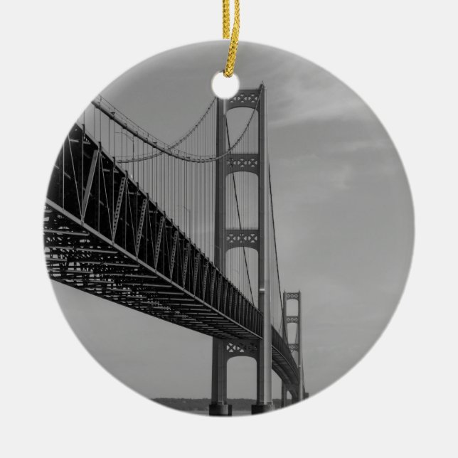 Along Mackinac Bridge Grayscale Ceramic Tree Decoration (Front)