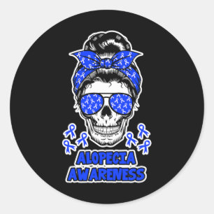 Alopecia Awareness Messy Bun Skull Blue Ribbon for Classic Round Sticker