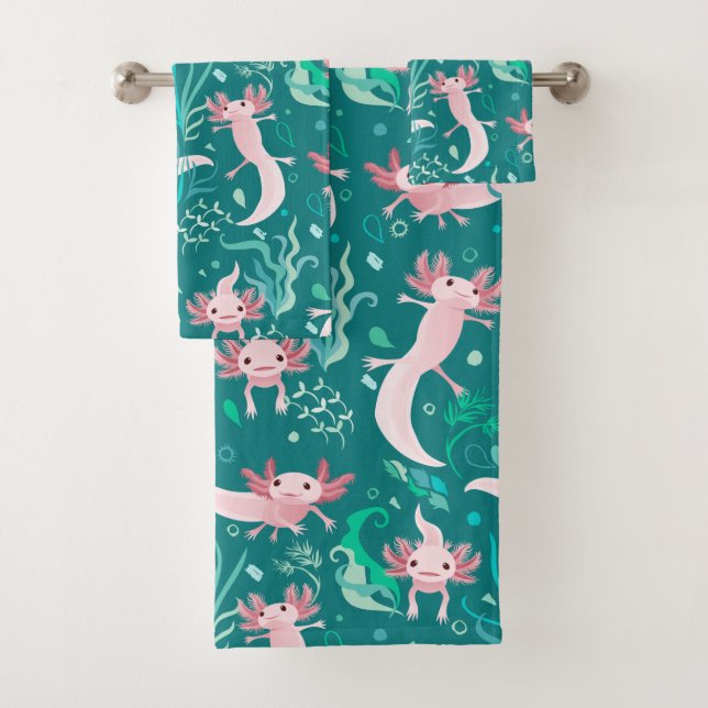 Alotta Pink Axolotls on Teal Bath Set (Insitu)
