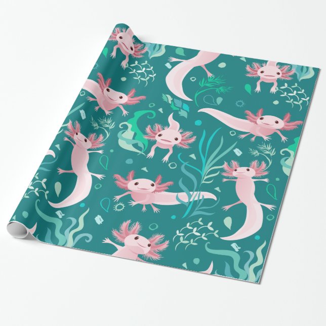 Alotta Pink Axolotls on Teal Wrapping Paper (Unrolled)