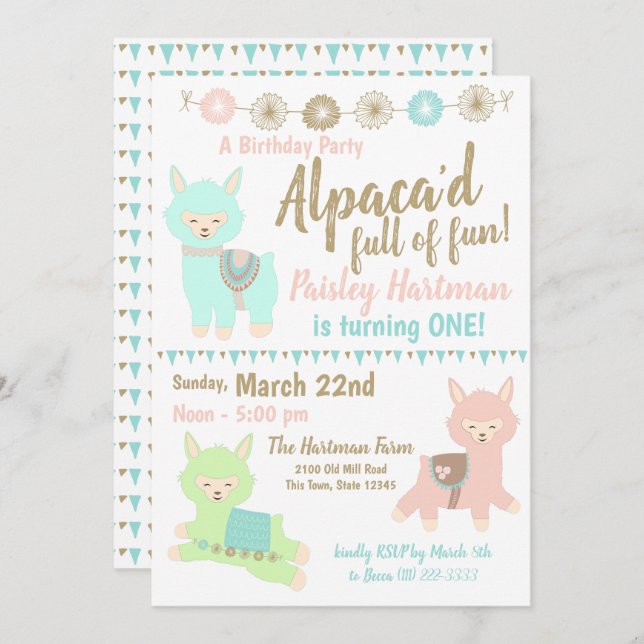 Alpaca 1st Birthday Party Invitation (Front/Back)