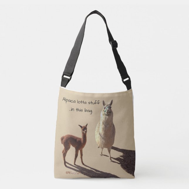 Alpaca baby and mother photograph.tan.text. crossbody bag (Front)
