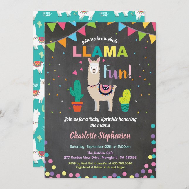 Alpaca baby sprinkle invitation. Baby girl shower Invitation (Front/Back)