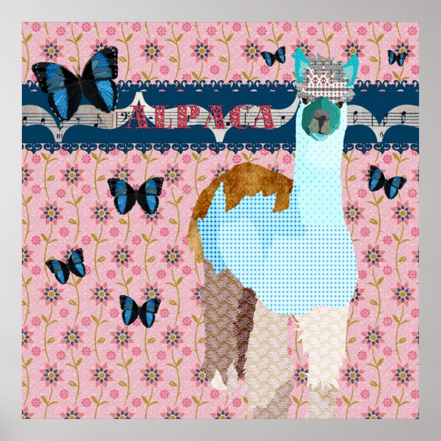 Alpaca Boho Butterflies Pink Floral Poster (Front)