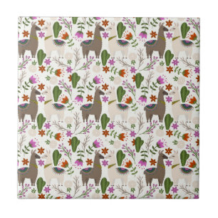 Alpaca Cactus Floral Pattern Animal Lover Ceramic Tile
