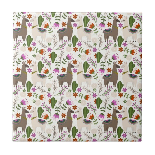 Alpaca Cactus Floral Pattern Animal Lover Ceramic Tile (Front)