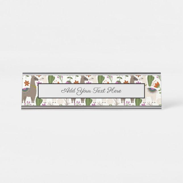 Alpaca Cactus Floral Pattern Animal Lover Desk Name Plate (Front)