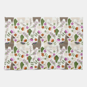 Alpaca Cactus Floral Pattern Animal Lover Tea Towel