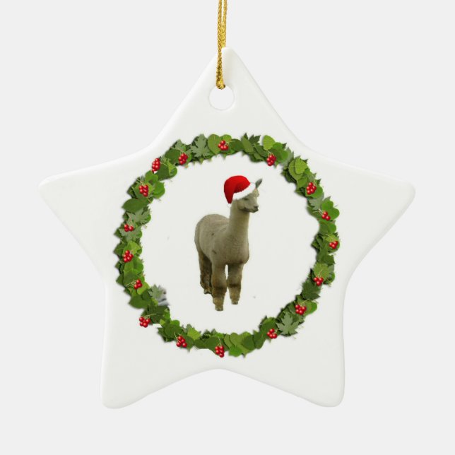 Alpaca Christmas Wreath Ceramic Tree Decoration (Front)