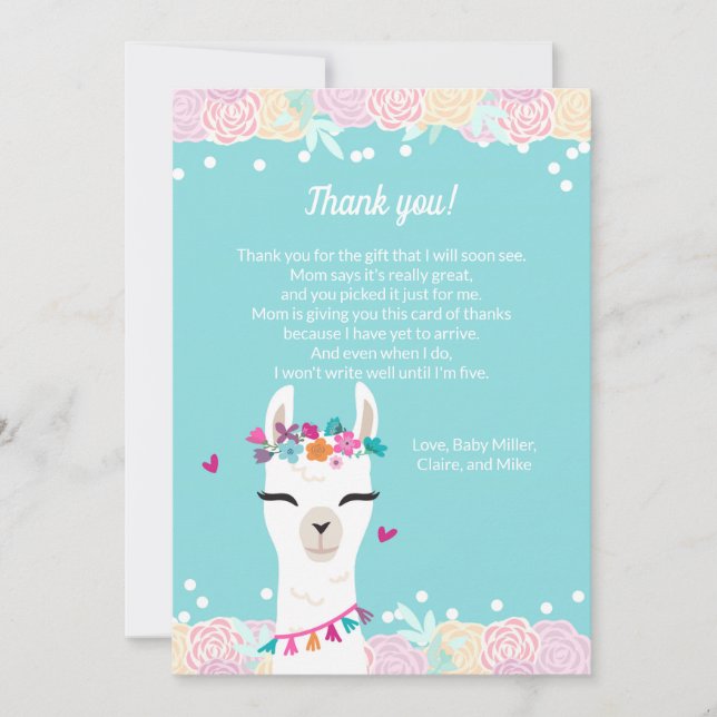 Alpaca Face Baby Shower Thank You Card (Front)