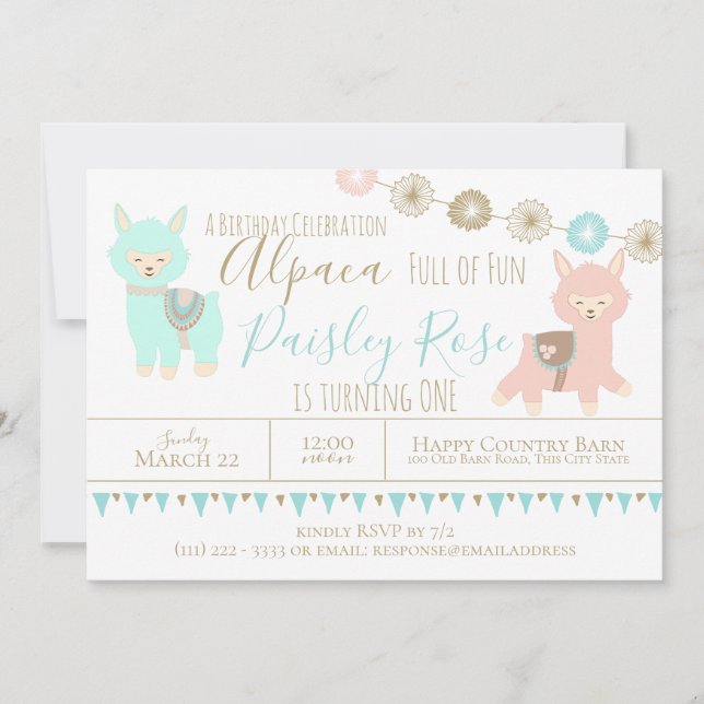 Alpaca First Birthday Packed with Fun Invitation (Front)