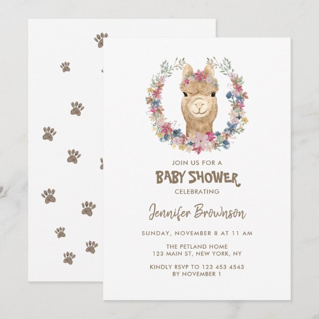 Alpaca Flower Wreath Dog Baby Shower Invitation (Front/Back)