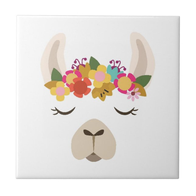 Alpaca & Flowers Pattern Ceramic Tile (Front)