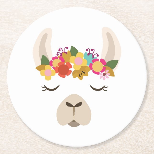 Alpaca & Flowers Pattern Round Paper Coaster (Front)