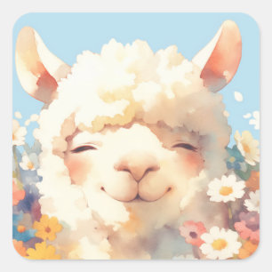 Alpaca Hiding in Flowers Square Sticker