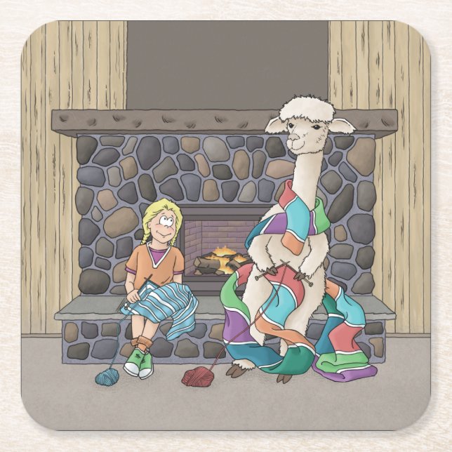 Alpaca Knitting Square Paper Coaster (Front)