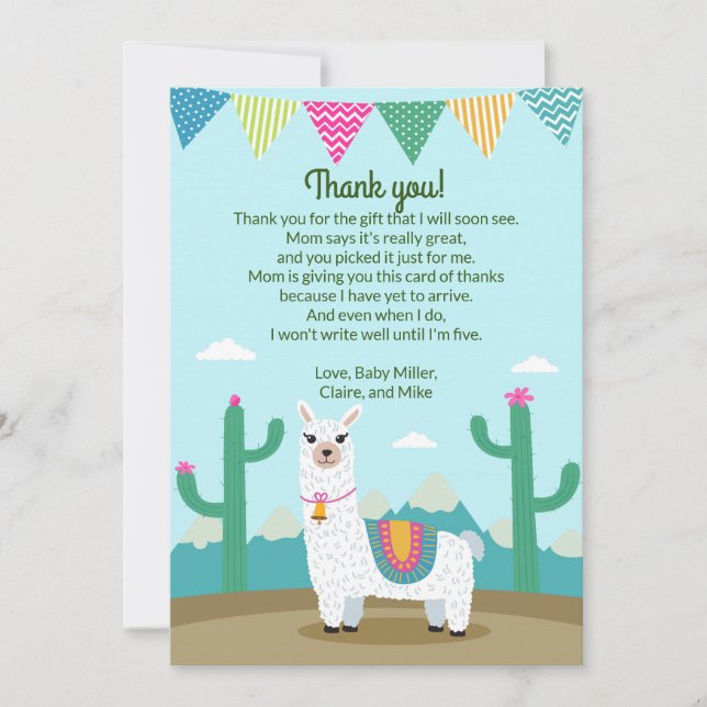Alpaca Llama Baby Shower Thank You Card (Front)