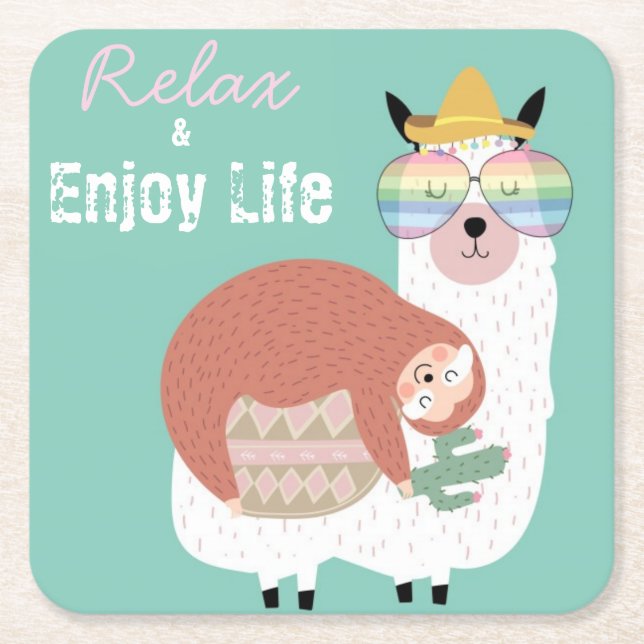 Alpaca/Llama With A Sloth Square Paper Coaster (Front)