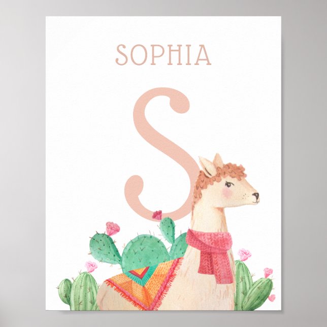 Alpaca Nursery Wall Art. Llama Kids Name & Initial Poster (Front)