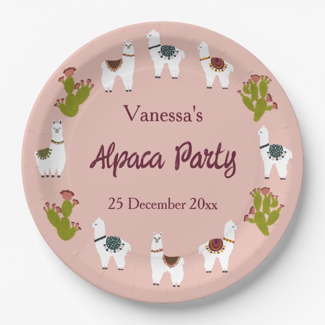 Alpaca Party Cactus Pink Birthday Paper Plate (Front)