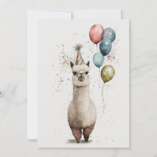 Alpaca Party Hat and Balloons Flat Greeting Card