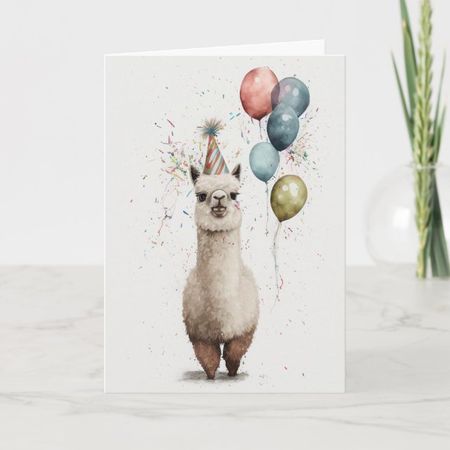 Alpaca Party Hat and Balloons Greeting Card (Front)