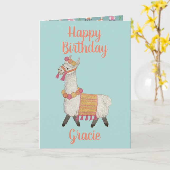 Alpaca personalised name Birthday Card  (Yellow Flower)