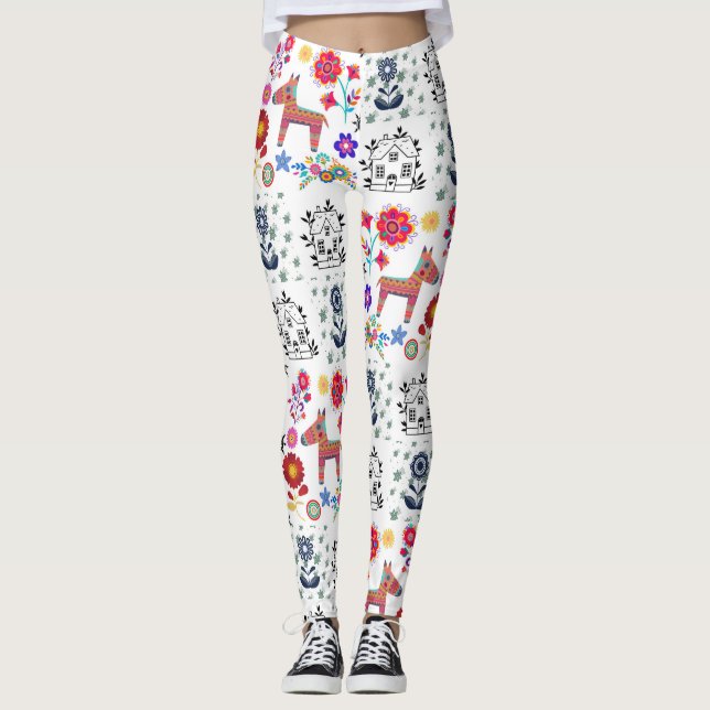 Alpaca Pinata With Blue House and Flowers Leggings (Front)