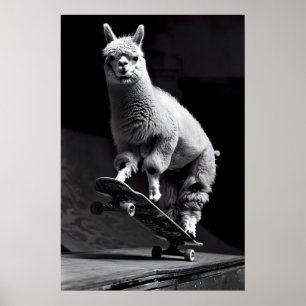 Alpaca Skateboarding Art Funny Animal Photo, Black Poster