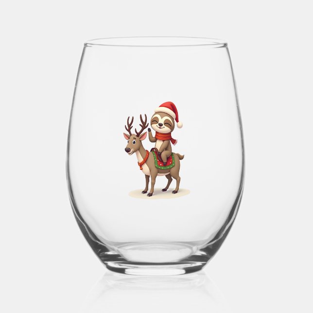 Alpaca Sloth Christmas (1) Stemless Wine Glass (Front)