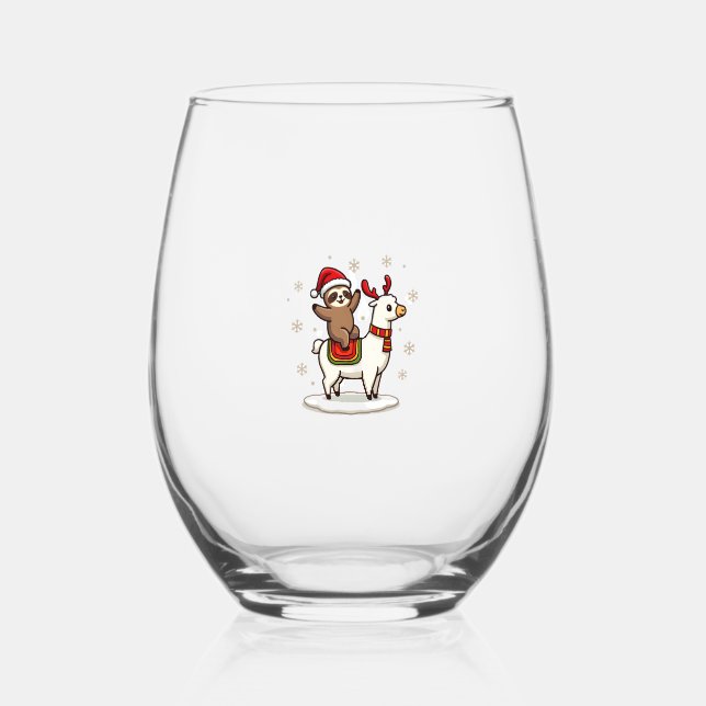 Alpaca Sloth Christmas (3) Stemless Wine Glass (Front)