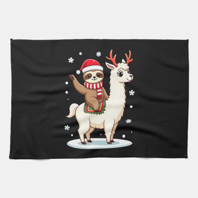 Alpaca Sloth Christmas (3) Tea Towel (Horizontal)