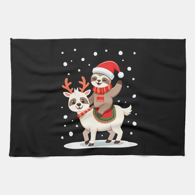 Alpaca Sloth Christmas (4) Tea Towel (Horizontal)