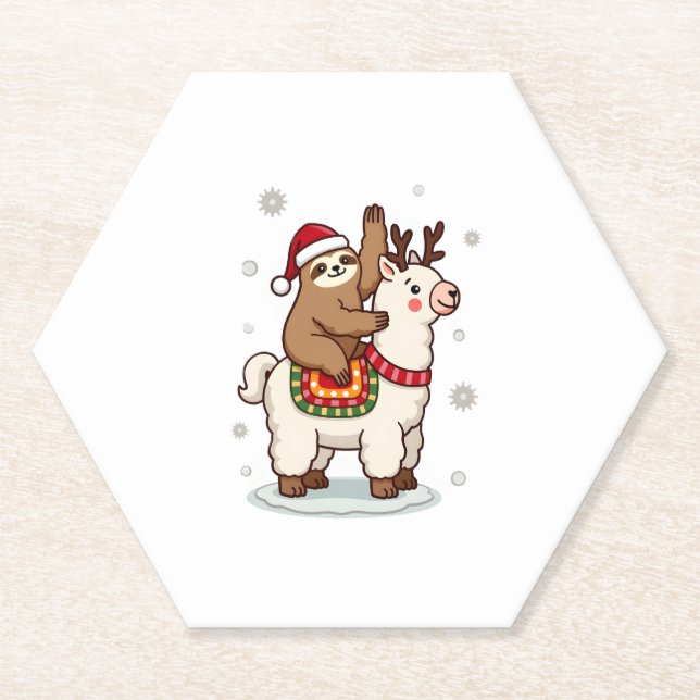 Alpaca Sloth Christmas Paper Coaster (Front)