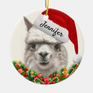 Alpaca Smiles ADD NAME & YEAR Christmas Tree Ceramic Ornament