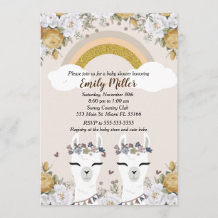 Alpaca Twins Baby Shower Invitation Gold
