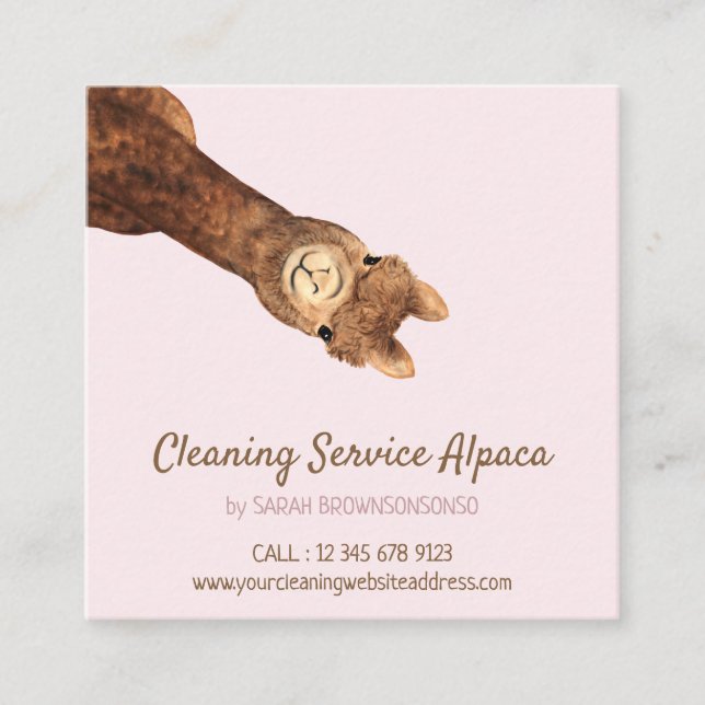 Alpaca Two-Sided Pink | Cute Farm Animal Square Business Card (Front)