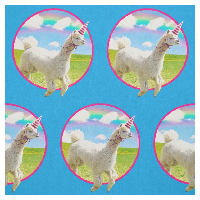 Alpaca Unicorn Under Rainbow Sky Fabric (Swatch)