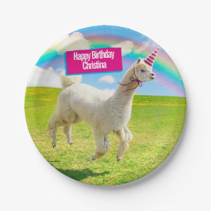 Alpaca Unicorn Under Rainbow Sky Paper Plate