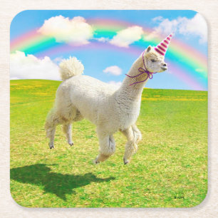 Alpaca Unicorn Under Rainbow Sky Square Paper Coaster