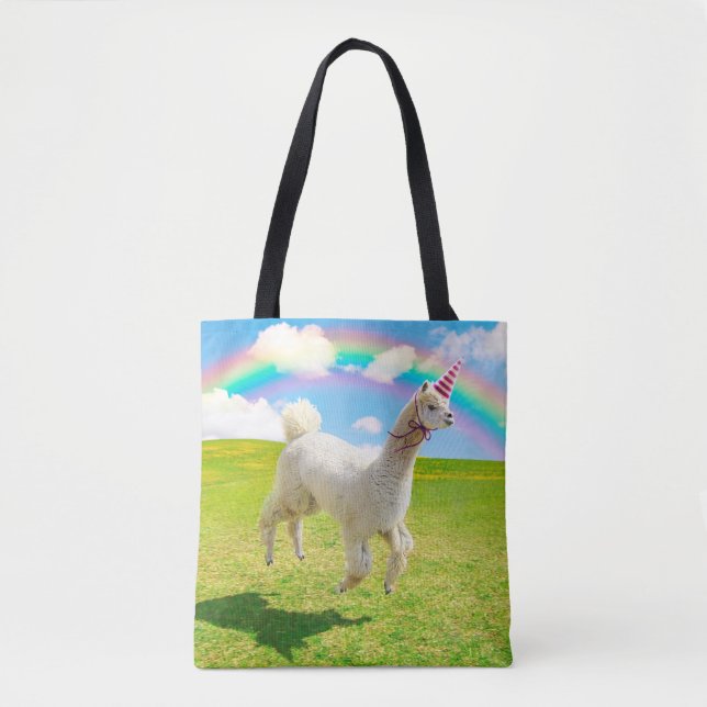 Alpaca Unicorn Under Rainbow Sky Tote Bag (Front)