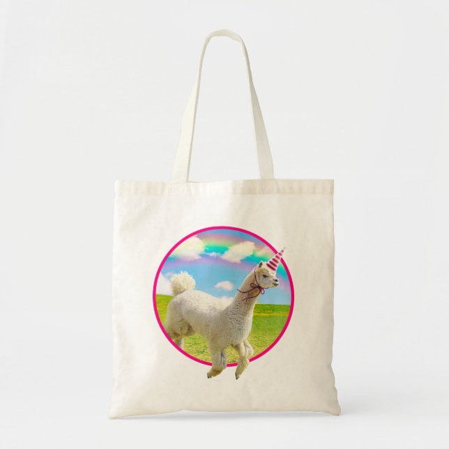 Alpaca Unicorn Under Rainbow Sky Tote Bag (Front)