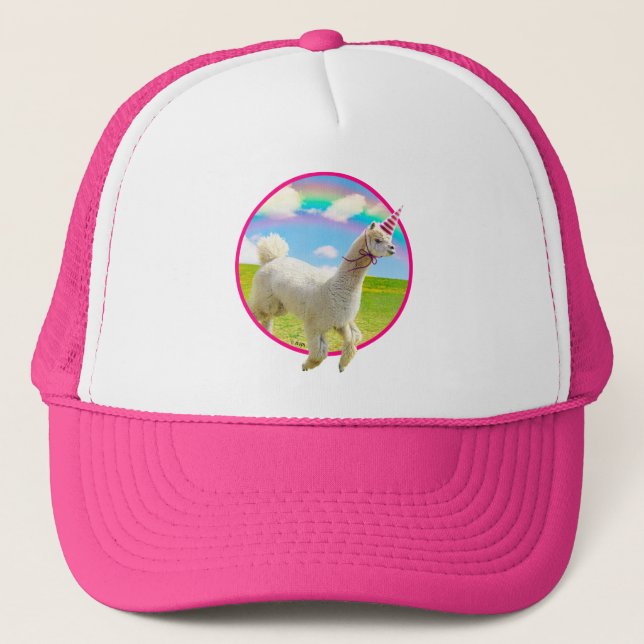Alpaca Unicorn Under Rainbow Sky Trucker Hat (Front)