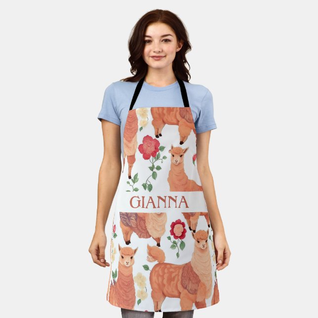 Alpaca Watercolor Colourful Personalised Pattern Apron (Worn)
