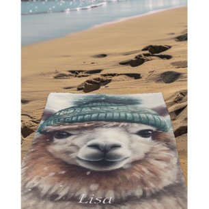 Alpaca wearing blue beanie, customisable  beach towel